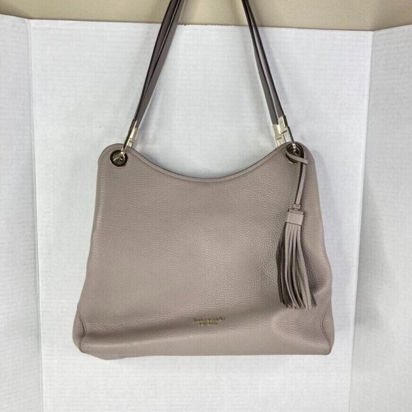 Kate Spade Purse Loop Large Shoulder Bag Tassel Beige Leather Gold Tone